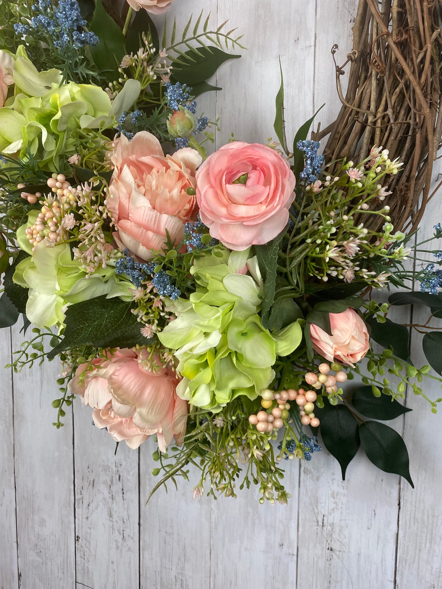 Green Hydrangeas and Pink Roses Wreath