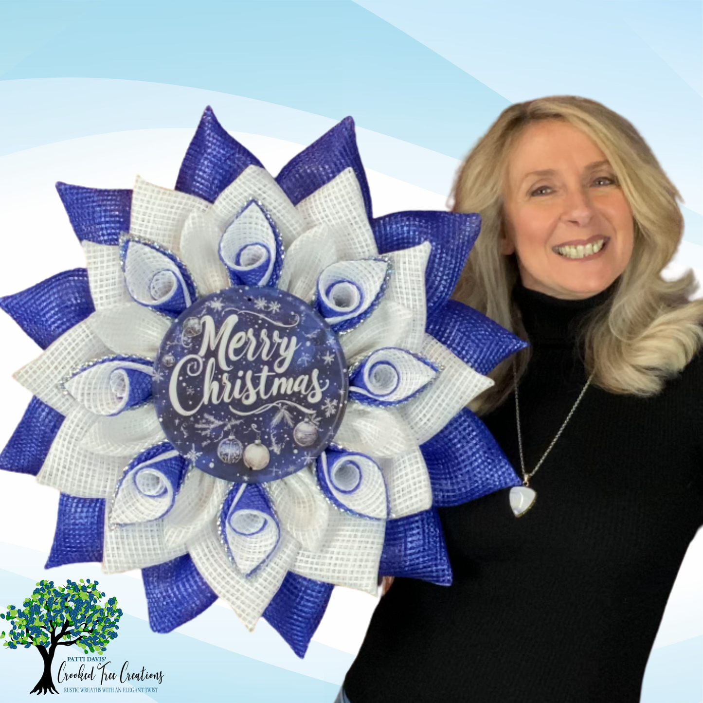 Sapphire Blue & White Swirl Petal Christmas Wreath