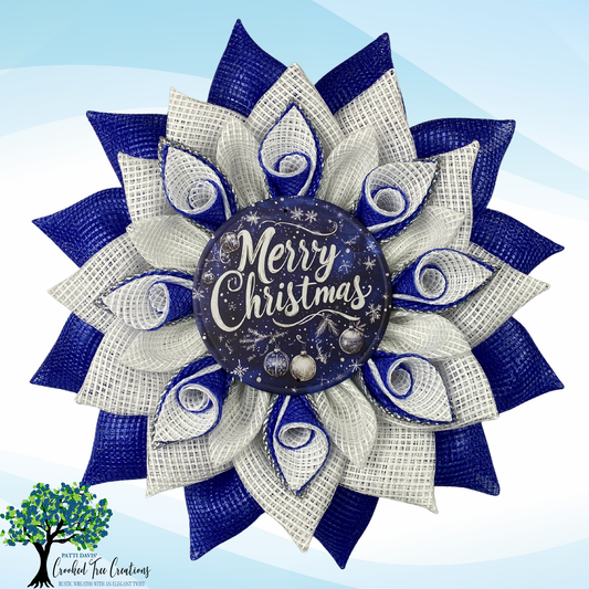 Sapphire Blue & White Swirl Petal Christmas Wreath