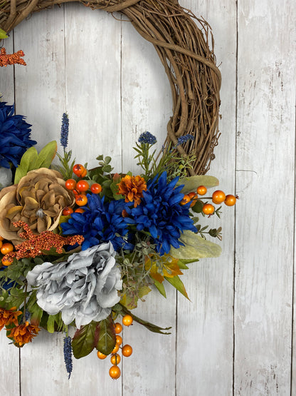 Fall / Autumn Wreath in Blue, Gray and Tan
