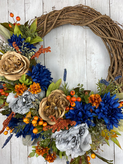 Fall / Autumn Wreath in Blue, Gray and Tan