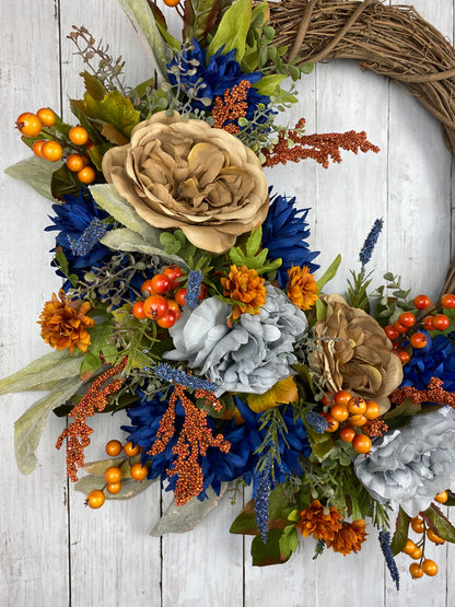 Fall / Autumn Wreath in Blue, Gray and Tan